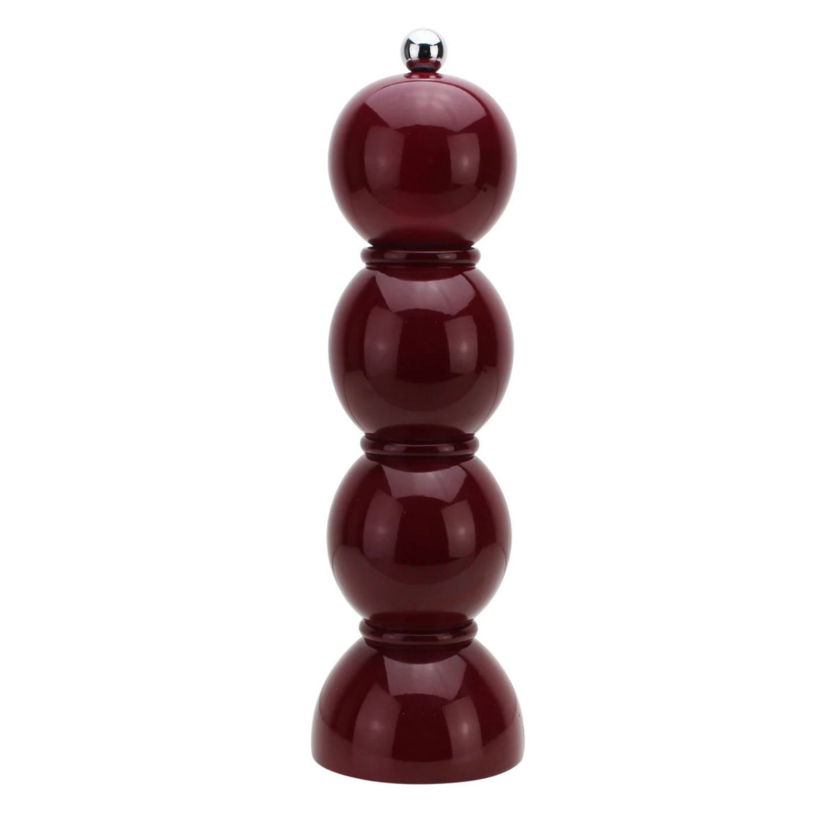 De Addison Ross Bobbin Zout-en Pepermolen Kersenrood 24 cm, een glanzend rode molen met gestapelde bollen en keramisch maalwerk, bekroond met een zilveren knopje, staat rechtop tegen een effen witte achtergrond.