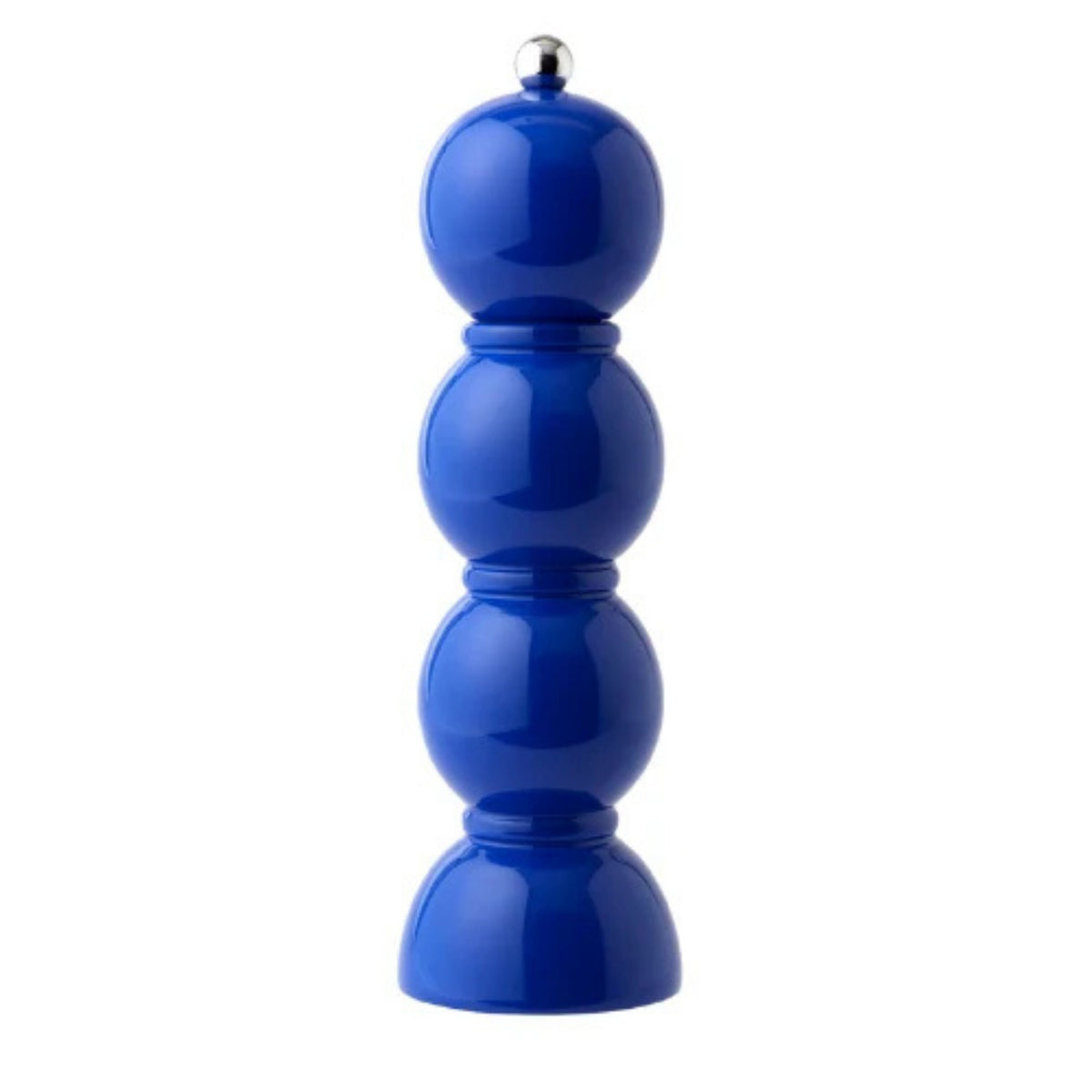 Een glanzende, kobaltblauwe Addison Ross Bobbin Zout-en Pepermolen (24 cm) met een rond, gestapeld ontwerp en een zilveren knop bovenop staat rechtop tegen een effen witte achtergrond.