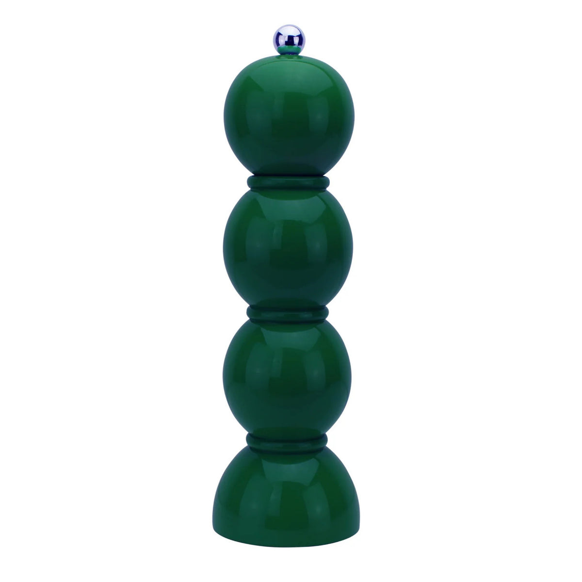 De Addison Ross Bobbin Zout-en Pepermolen Racing Groen 24 cm, met een glanzend, gestapeld bolvormig ontwerp en metalen bovenknop, staat rechtop tegen een witte achtergrond.