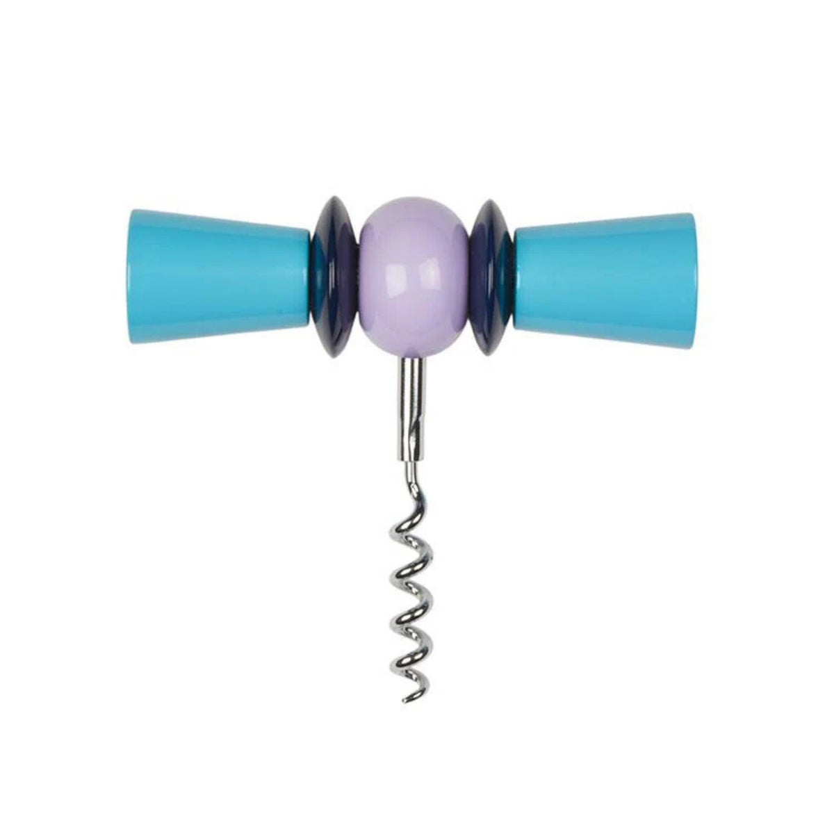 De Addison Ross Strik Kurkentrekker Aqua & Lila van Addison Ross heeft een spiraalvormige metalen punt, een rond paars handvat en twee blauwe kegelvormige uiteinden, afgebeeld tegen een witte achtergrond.