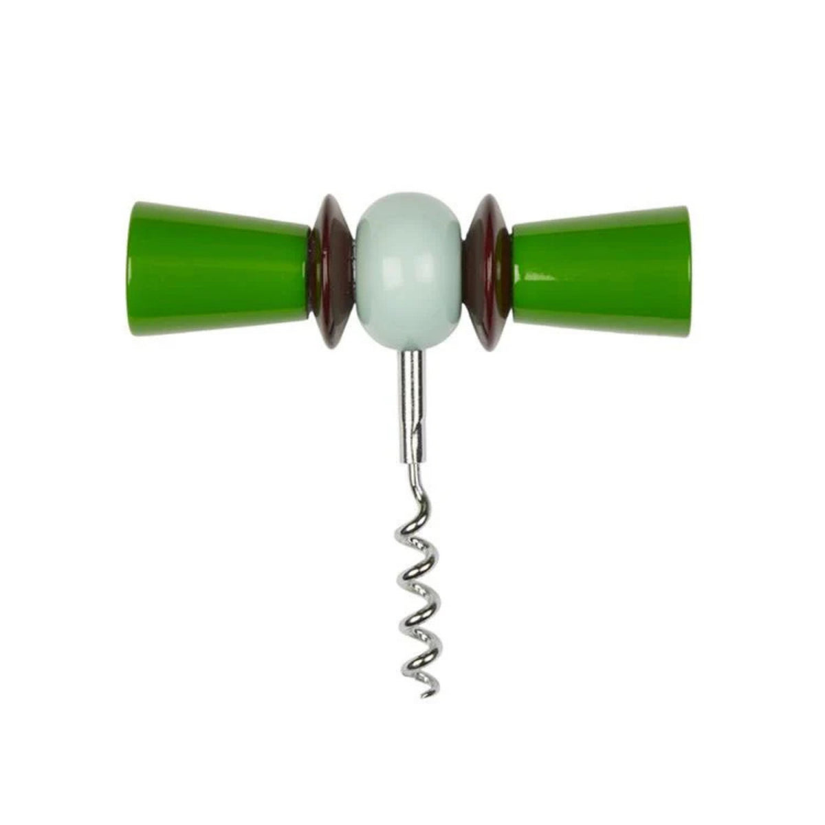 De Addison Ross Bowtie Kurkentrekker Leaf & Eau de Nil heeft een metalen spiraal, bladgroene handgrepen met bruine accenten en een centrale witte bol, tegen een witte achtergrond.