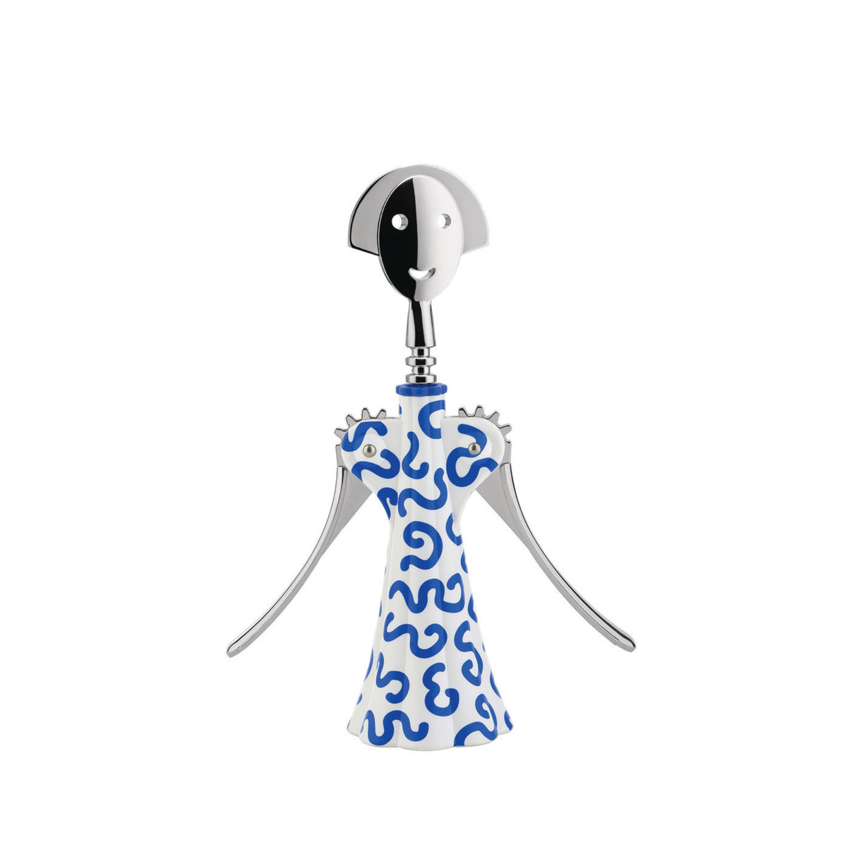 De Alessi Anna G Kurkentrekker Delft van Alessi heeft een lachend, gestileerd gezicht, vleugelachtige armen en een witte romp met opvallende blauwe Delftsblauw geïnspireerde patronen op de basis.