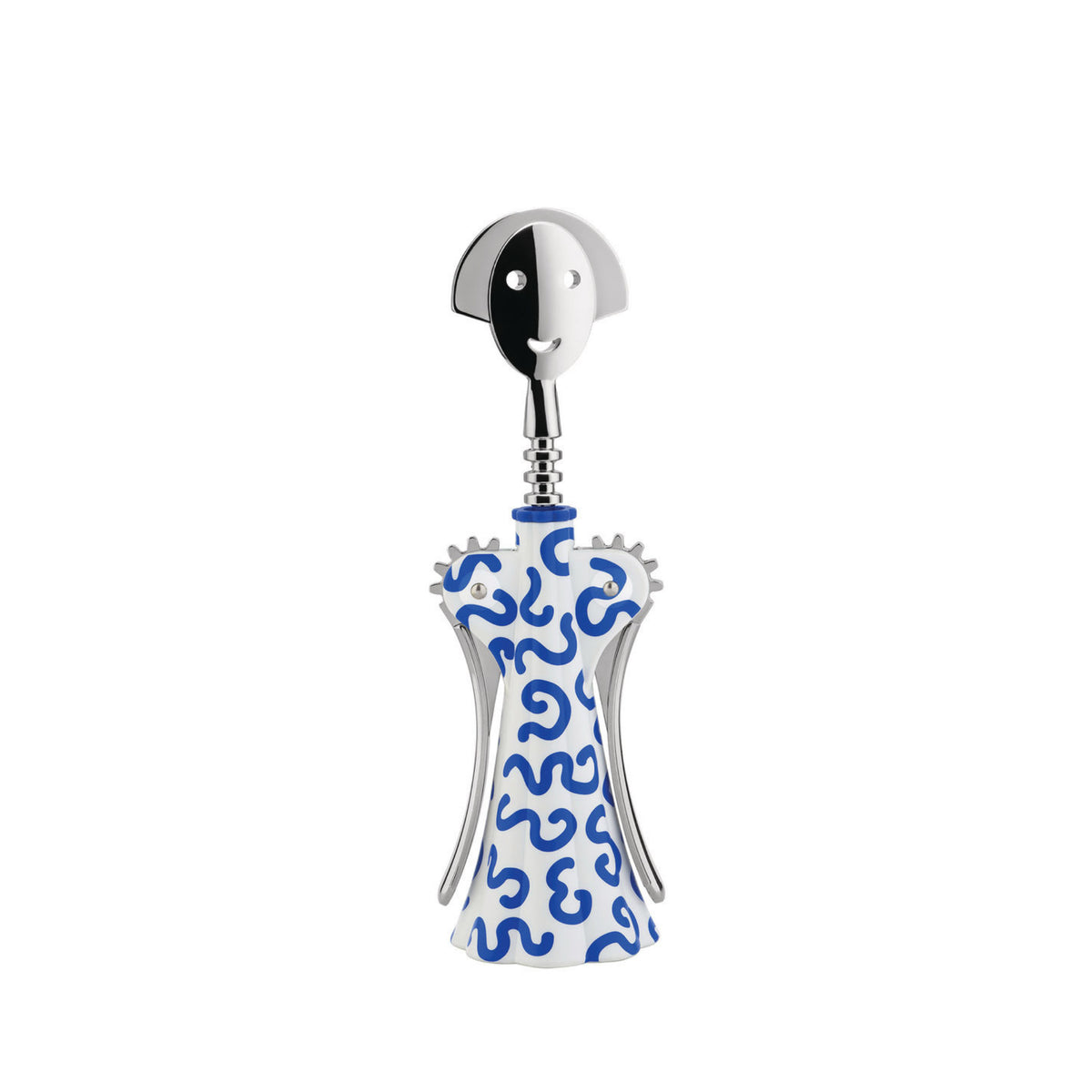 De Alessi Anna G Kurkentrekker Delft is een grillige kurkentrekker van Alessi, met een metalen hoofd en een blauw-witte body met op Delftsblauw geïnspireerde abstracte tilde en twee naar beneden uitschuifbare metalen armen.