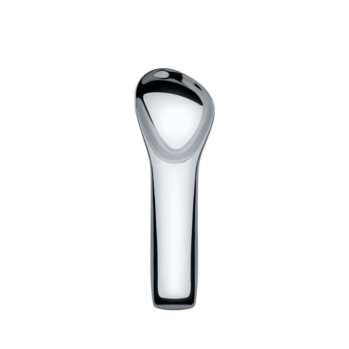 De Alessi Koki Ijslepel van Alessi heeft een strak, modern metallic ontwerp met een afgeronde bovenkant en glad handvat, dat lijkt op een minimalistische lepel of sculpturaal gebruiksvoorwerp tegen een effen witte achtergrond.