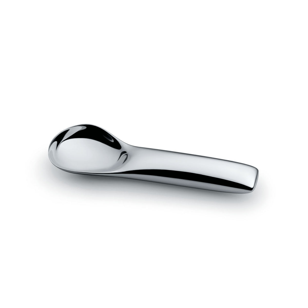 De Alessi Koki Ijslepel van Alessi heeft een slanke roestvrijstalen afwerking, een gladde ronde kom en een dik recht handvat, elegant weergegeven op een witte achtergrond.