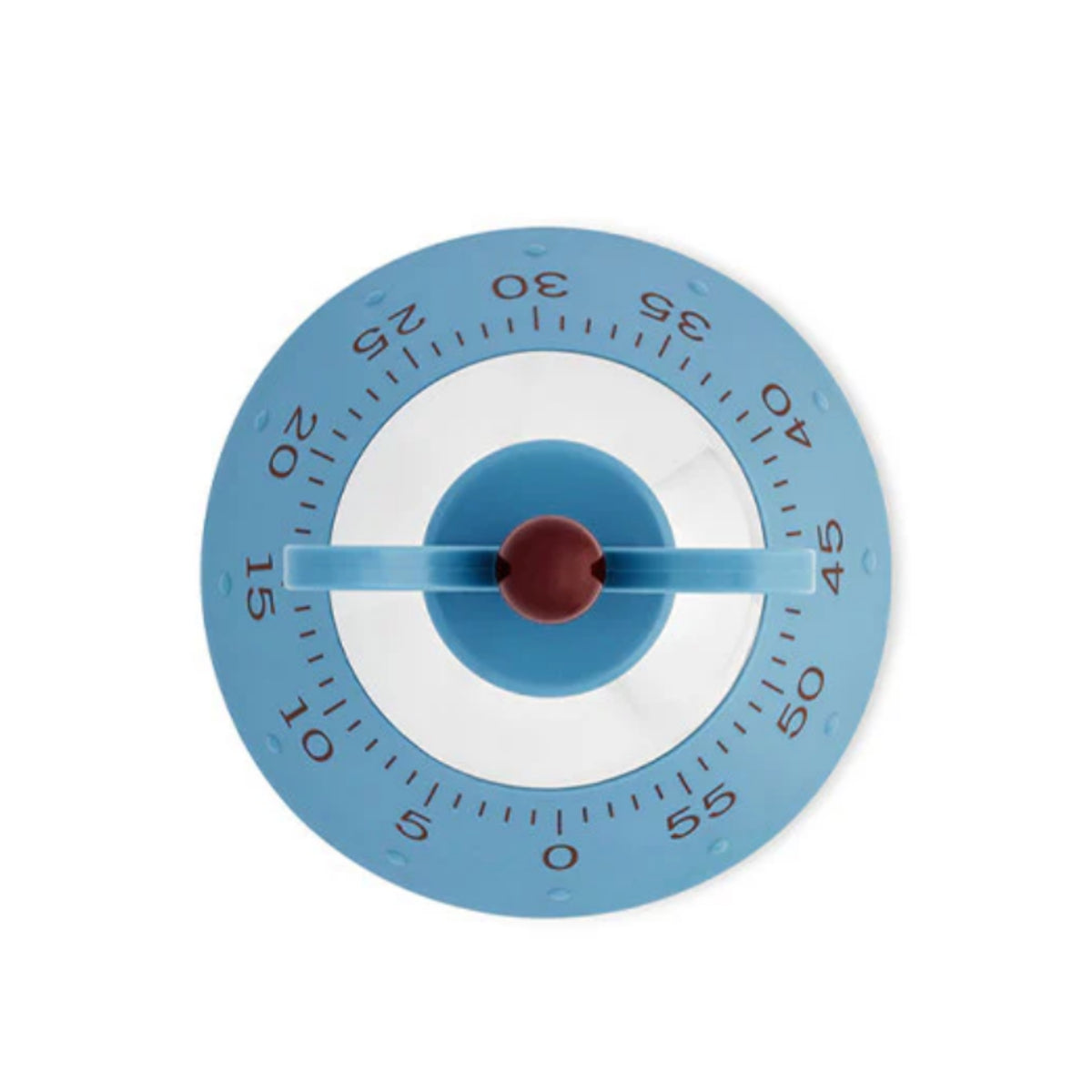 De Alessi Kookwekker Blauw, een blauw-witte keukenwekker van Alessi met een rode knop, wordt van bovenaf getoond. De wijzerplaat toont getallen in stappen van 5 minuten (0-60) en heeft een blauwe wijzer die de timerfunctie aangeeft.