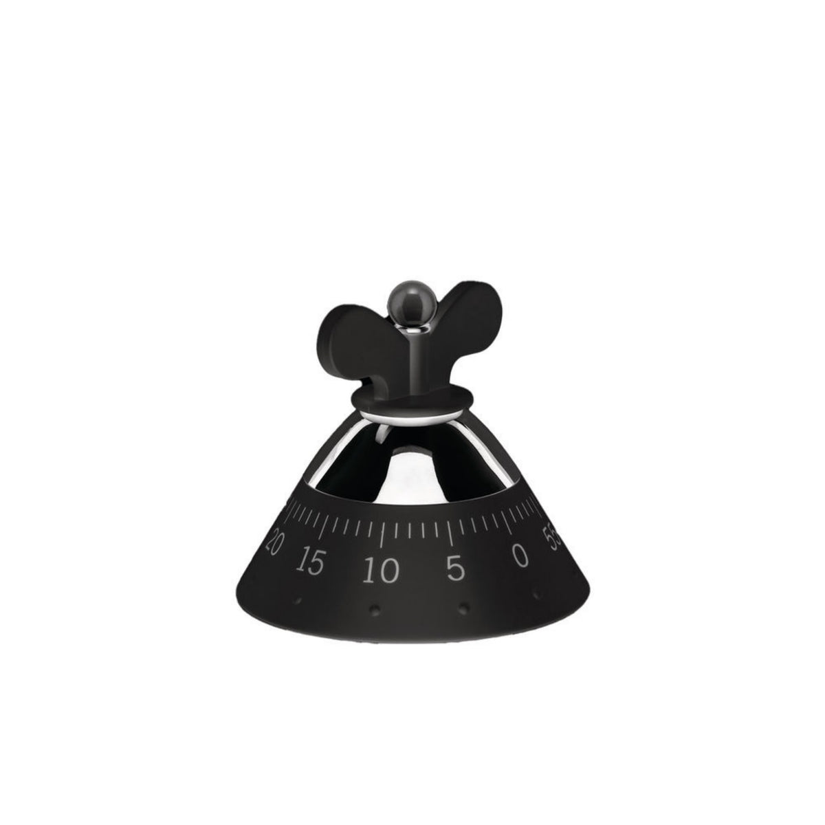 De Alessi Kookwekker Zwart is een slanke, zwarte, kegelvormige keukenwekker van Alessi, met witte cijfers en een gevleugelde knop - een elegante keukenaccessoire voor elke keuken.