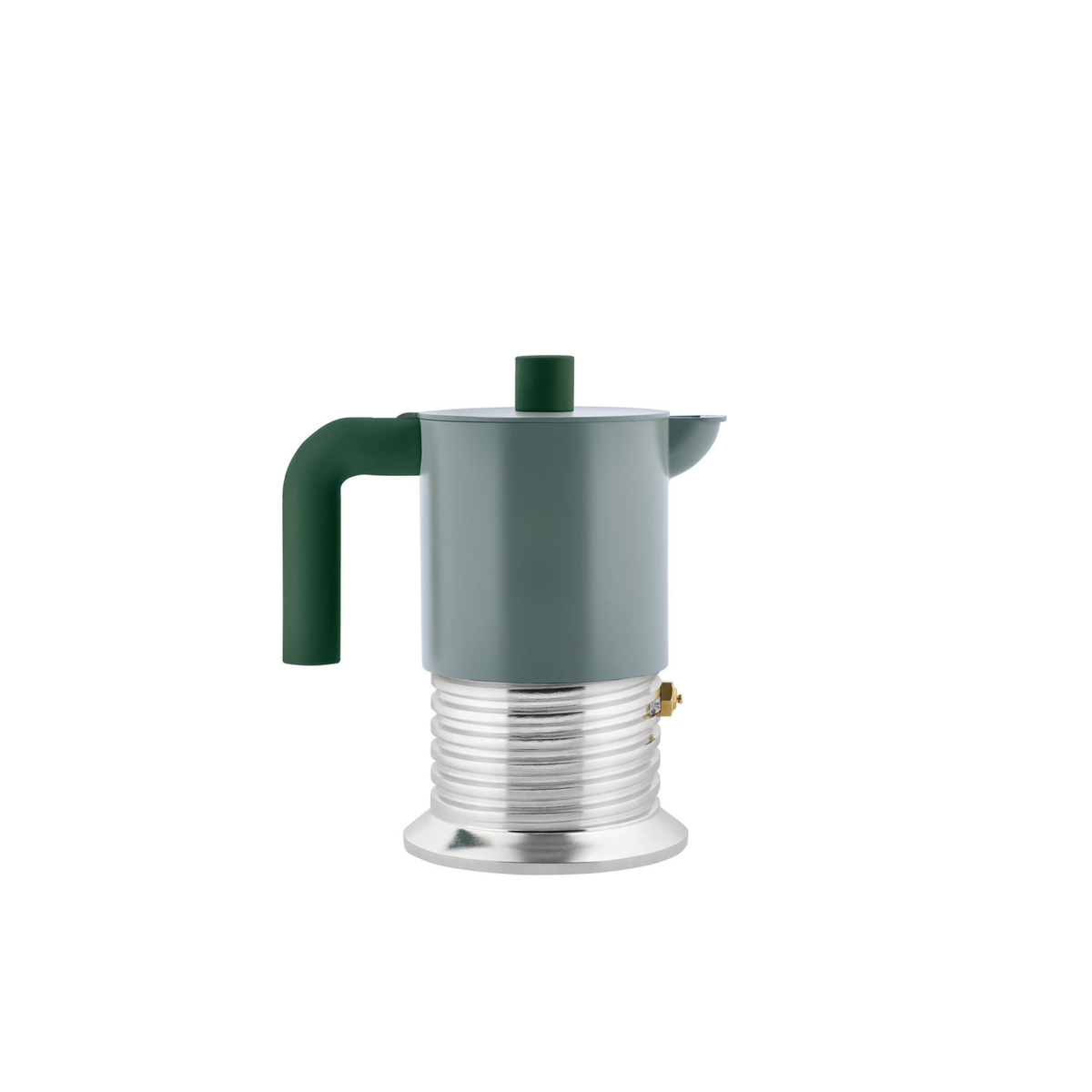 De Alessi Vite Koffiemaker Saliegroen 3-Kops van Alessi heeft een matgroen handvat en deksel, lichtblauwe romp en metallic geribbelde bodem, afgebeeld tegen een effen witte achtergrond.