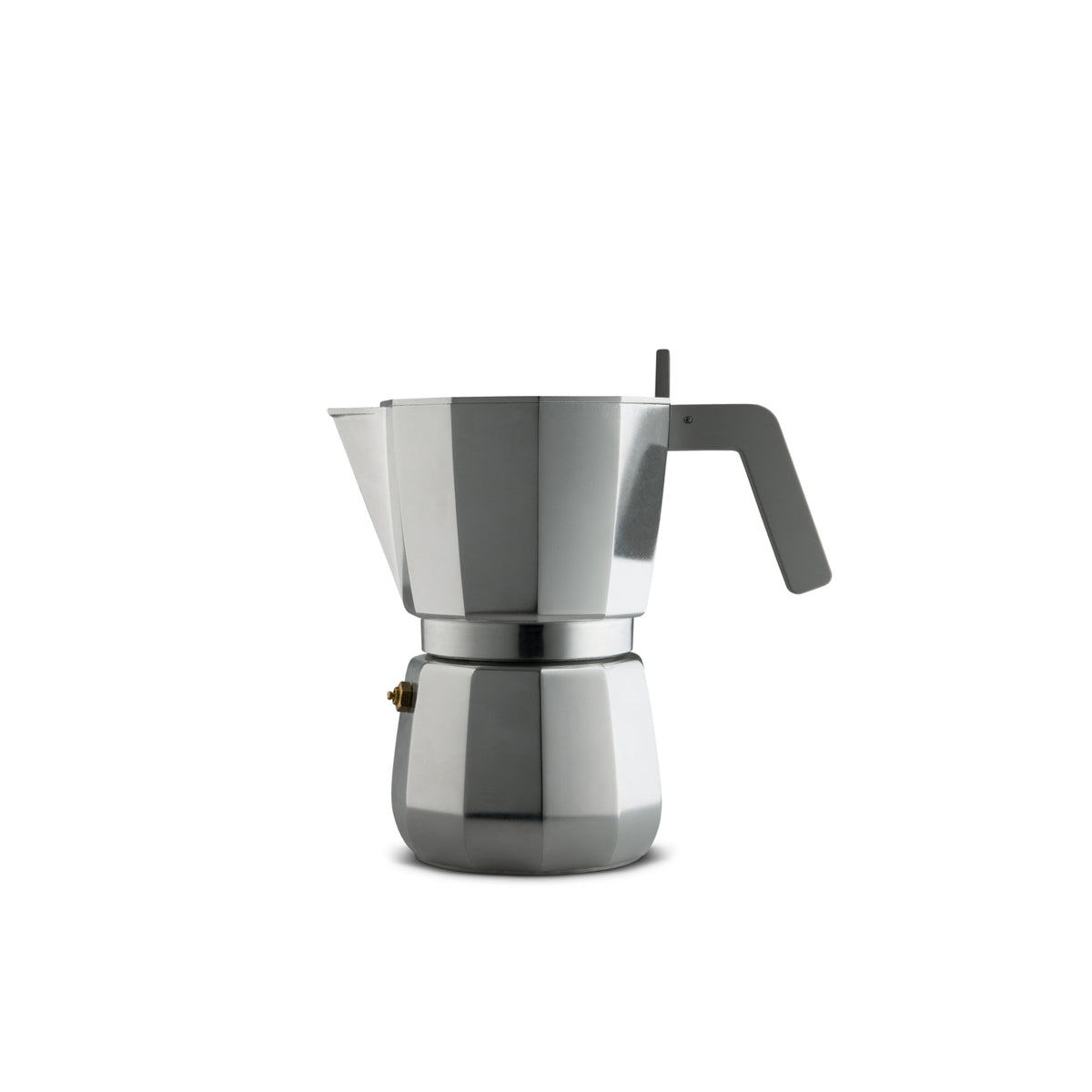 De Alessi Moka Espresso Koffiemaker 3-kops is een zilveren mokapot met een zwart handvat van Alessi, geïsoleerd afgebeeld op een witte achtergrond.