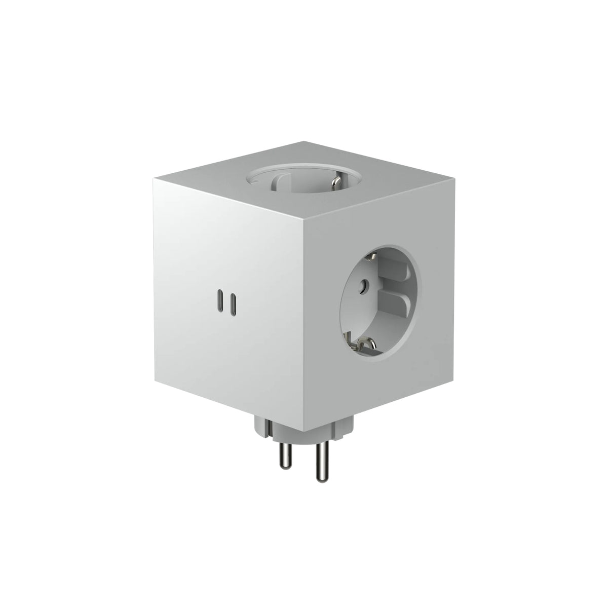 De Avolt Square 2 USB-C Stekkerdoos Gotland Grijs is een kubusvormige, grijze stroomverlenger van Avolt met meerdere Schuko-aansluitingen aan verschillende kanten en stekkers aan de onderkant, weergegeven tegen een effen witte achtergrond.