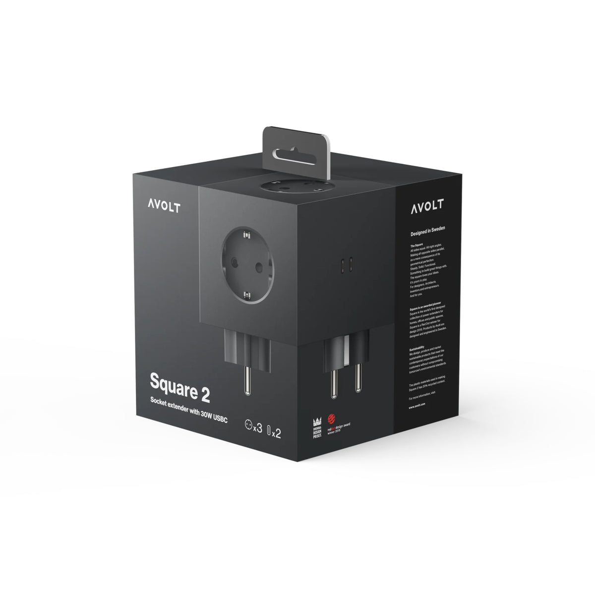 Een zwarte verkoopdoos voor de Avolt Square 2 USB-C Stekkerdoos Stockholm Zwart wordt getoond, met productafbeeldingen, belangrijke functies en het Avolt-merk in een strak, modern ontwerp.