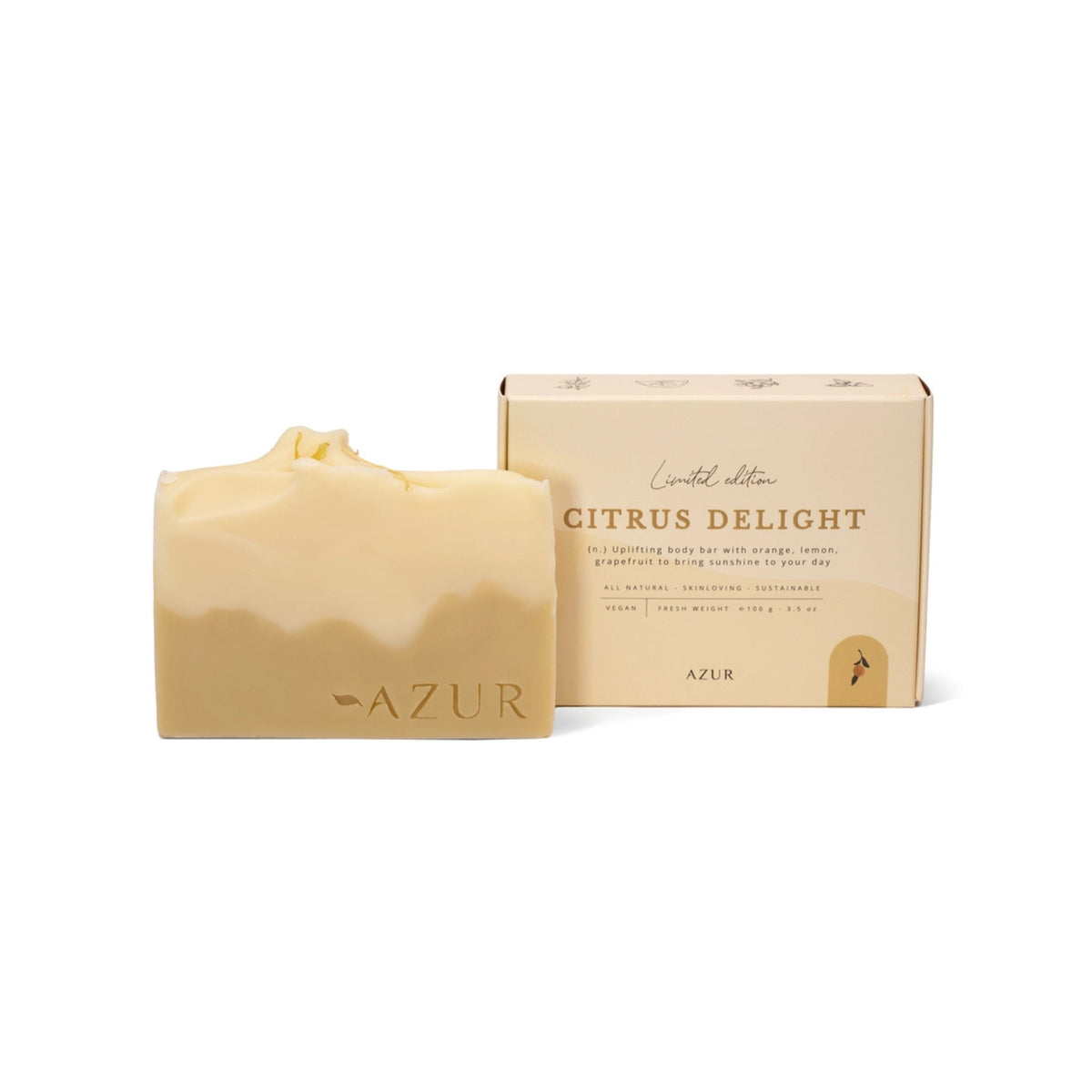 De Azur Citrus Delight Natuurlijke Zeep Bar zit voor het beige doosje met de tekst "Limited Edition" en de nadruk op veganistische, plasticvrije ingrediënten zoals sinaasappel, citroen en grapefruit.