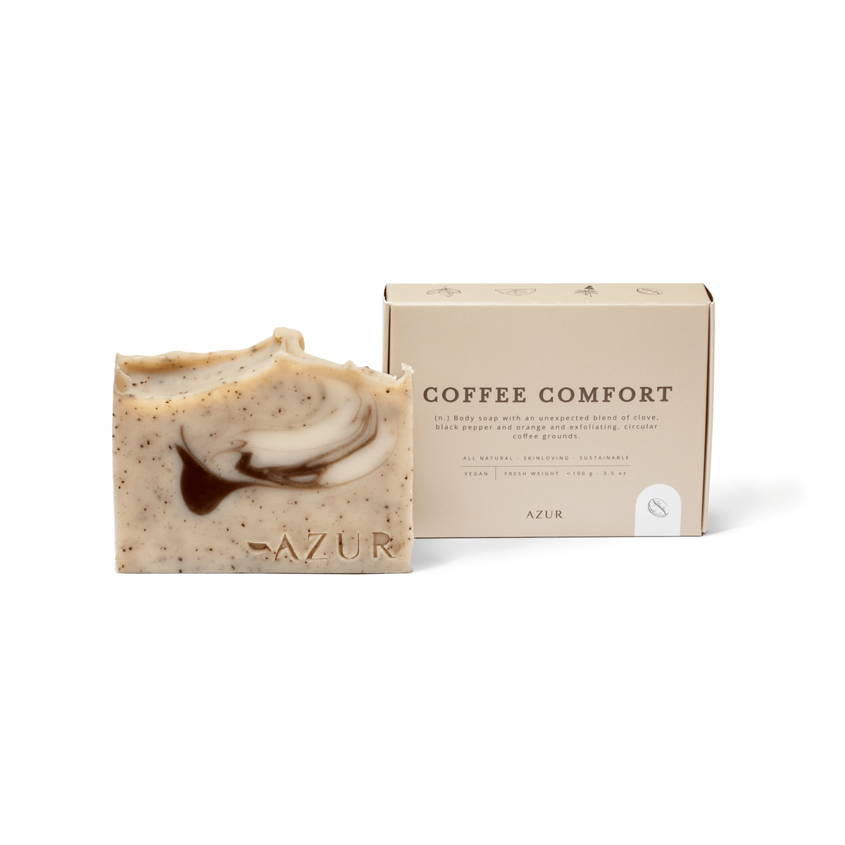 De Azur Coffee Comfort Natuurlijke Zeep Bar, met bruine en crèmekleurige swirls, wordt getoond voor zijn beige doosverpakking met het merk Azur en circulaire koffie als hoofdingrediënt.