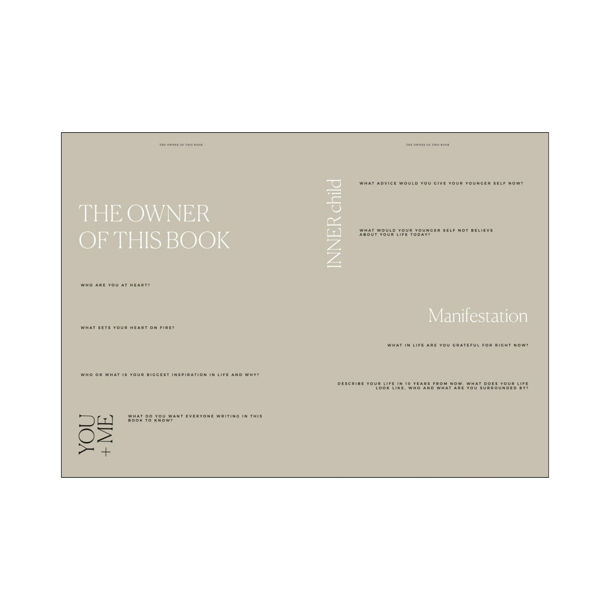 Het Cozy Publishing Book of Friends Notitieboek van Cozy Publishing heeft een beige omslag met witte tekst en aanwijzingen zoals "Wie ben jij in hart en nieren?", en biedt minimalistische secties voor zelfreflectie, persoonlijke vragen en het vastleggen van herinneringen.