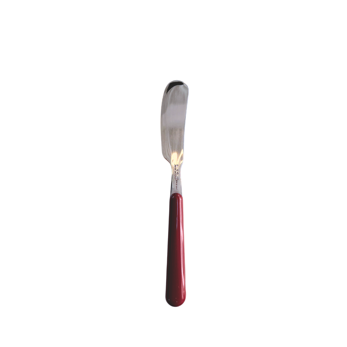De EME Brio Botermes Bordeaux heeft een glanzend zilver lemmet en een donkerrood handvat, afgebeeld tegen een witte achtergrond.