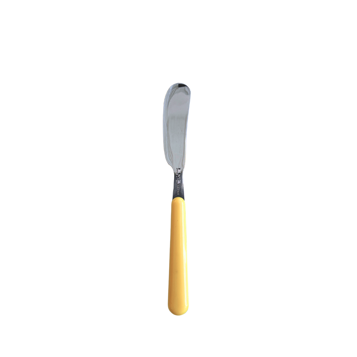 De EME Brio Botermes Geel heeft een roestvrijstalen lemmet en geel handvat, rechtopstaand tegen een witte achtergrond - ideaal voor het verspreiden van je favoriete smeersels en het toevoegen van stijl aan je tafelaccessoires.