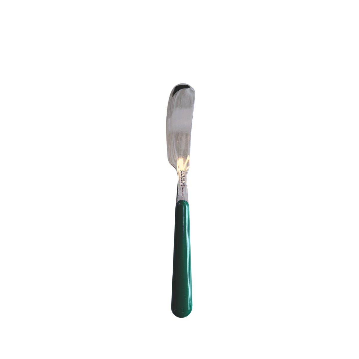 Een EME Brio Botermes Groen met een glanzend metalen lemmet en een donkergroen handvat staat rechtop tegen een witte achtergrond.