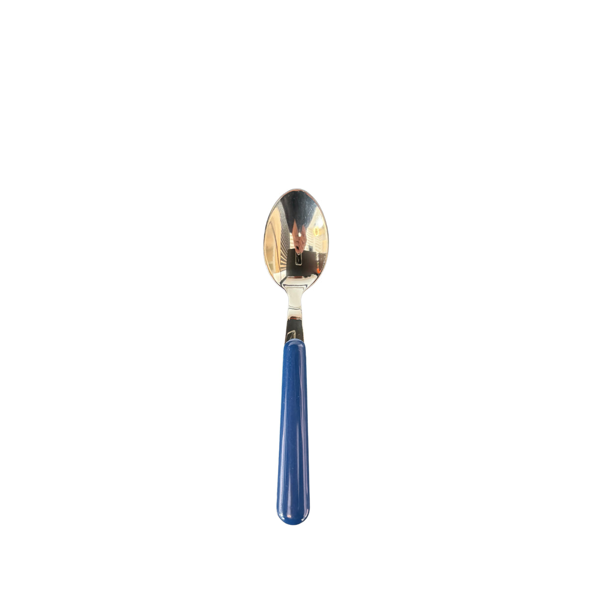 De EME Brio Koffielepel Blauw, met een glanzende kom en kobaltblauw handvat, is gecentreerd op een witte achtergrond om het elegante Italiaanse ontwerp te benadrukken.