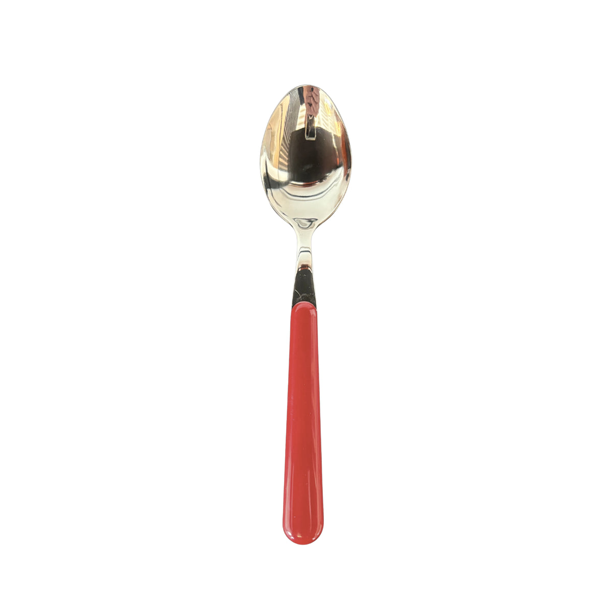 De EME Brio Tafellepel Rood is een metalen lepel met Italiaans design, met een glanzende kom en een rood handvat, afgebeeld tegen een effen witte achtergrond.