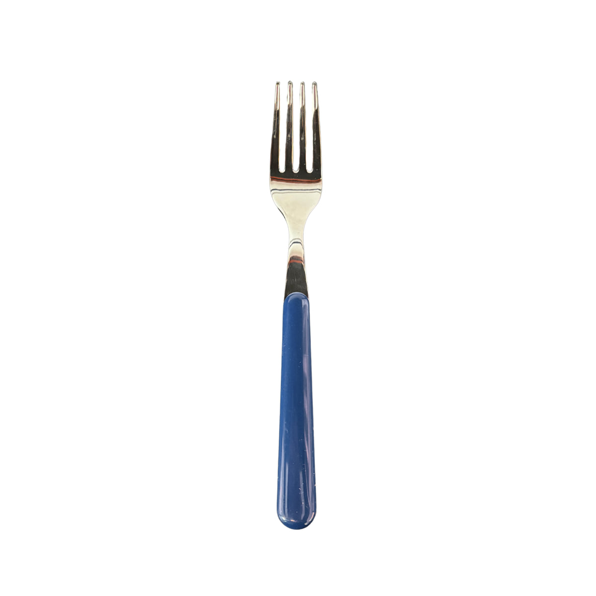 De EME Brio Tafelvork Blauw heeft een glanzende roestvrijstalen kop en kobaltblauw handvat, gefotografeerd op een effen witte achtergrond om het elegante Italiaanse ontwerp te benadrukken.