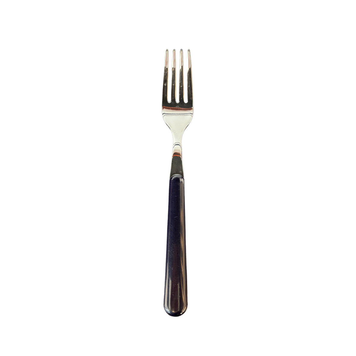 De EME Brio Tafelvork Donkerblauw, met Italiaans design en een donkerblauw handvat, is gecentreerd op een witte achtergrond.
