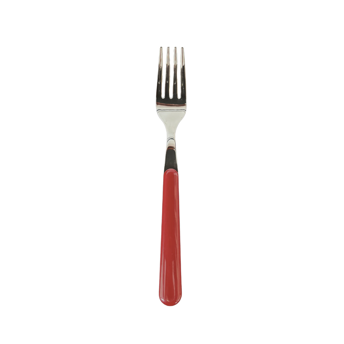 De EME Brio Tafelvork Rood, een metalen vork met een glanzend rood handvat en geïnspireerd op Italiaans ontwerp, is gecentreerd op een witte achtergrond.