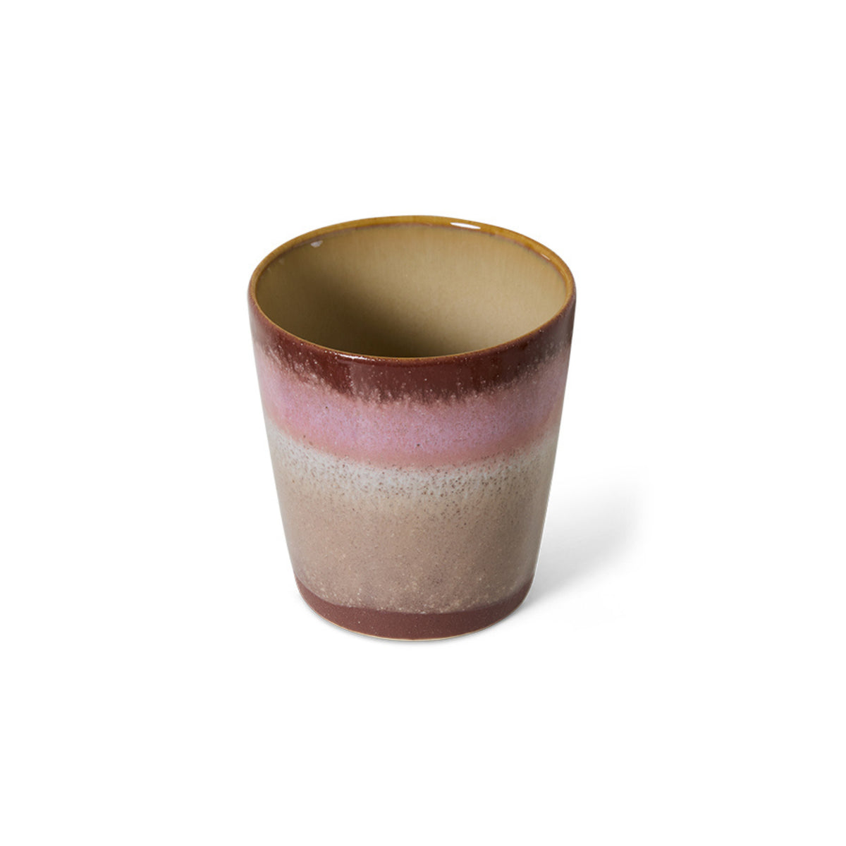 De HK Living 70s Ceramics Koffiekop Bloom heeft een gladde, ronde vorm met een glanzend kleurverloop van bruin, roze en beige tegen een effen witte achtergrond.