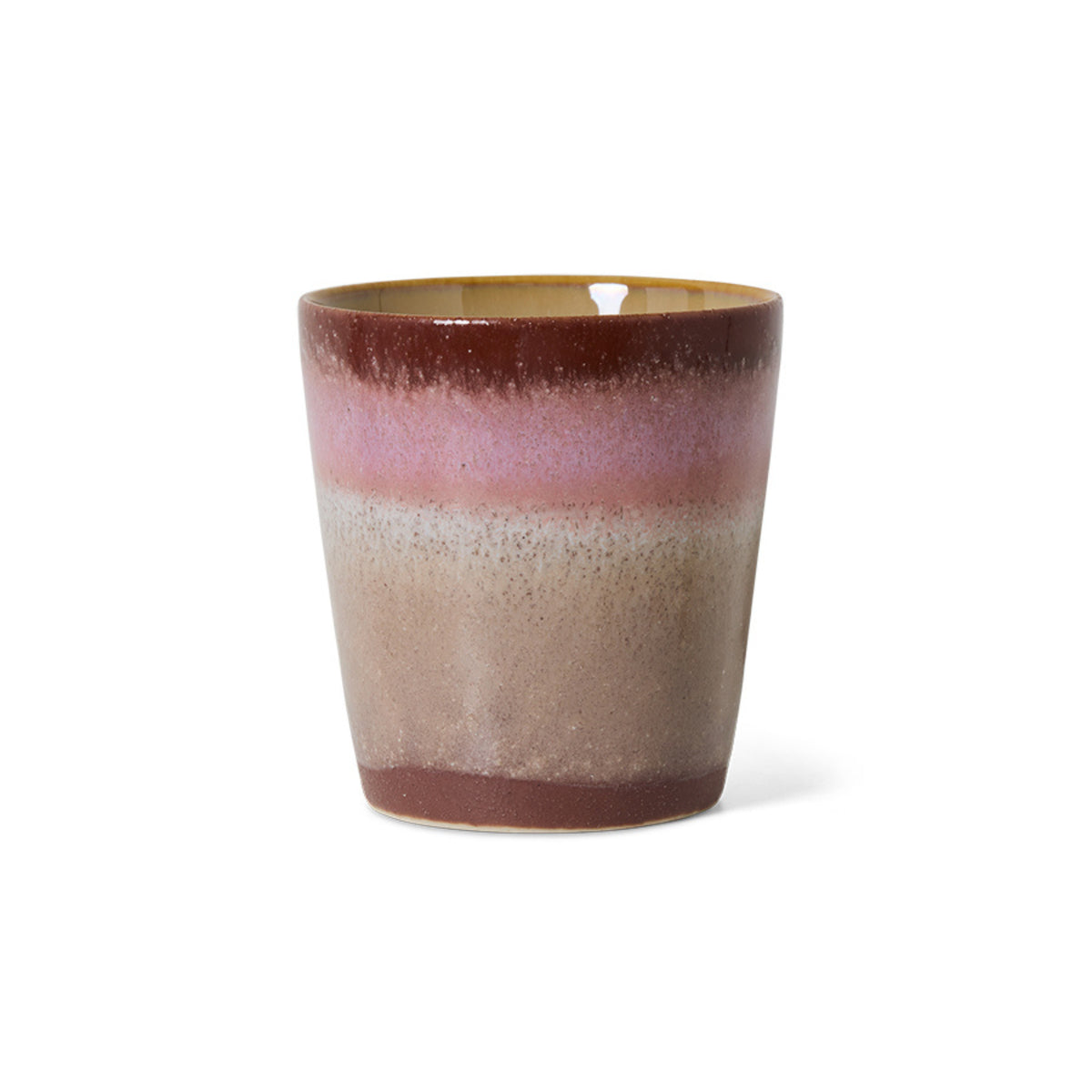 De HK Living 70s Ceramics Koffiekop Bloom is een glanzende beker van keramiek met een bruin, beige en roze kleurverloop - ideaal voor fans van retrostijl en het merk HK Living. Weergegeven op een effen witte achtergrond.