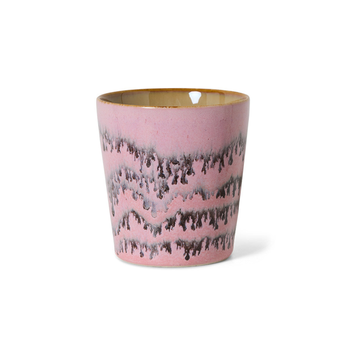 De HK Living 70s Ceramics Koffiekop Bubble is een handgemaakte koffiekop met een glanzend roze glazuur en unieke donkergrijze en zwarte druppels, afgebeeld op een effen witte achtergrond.