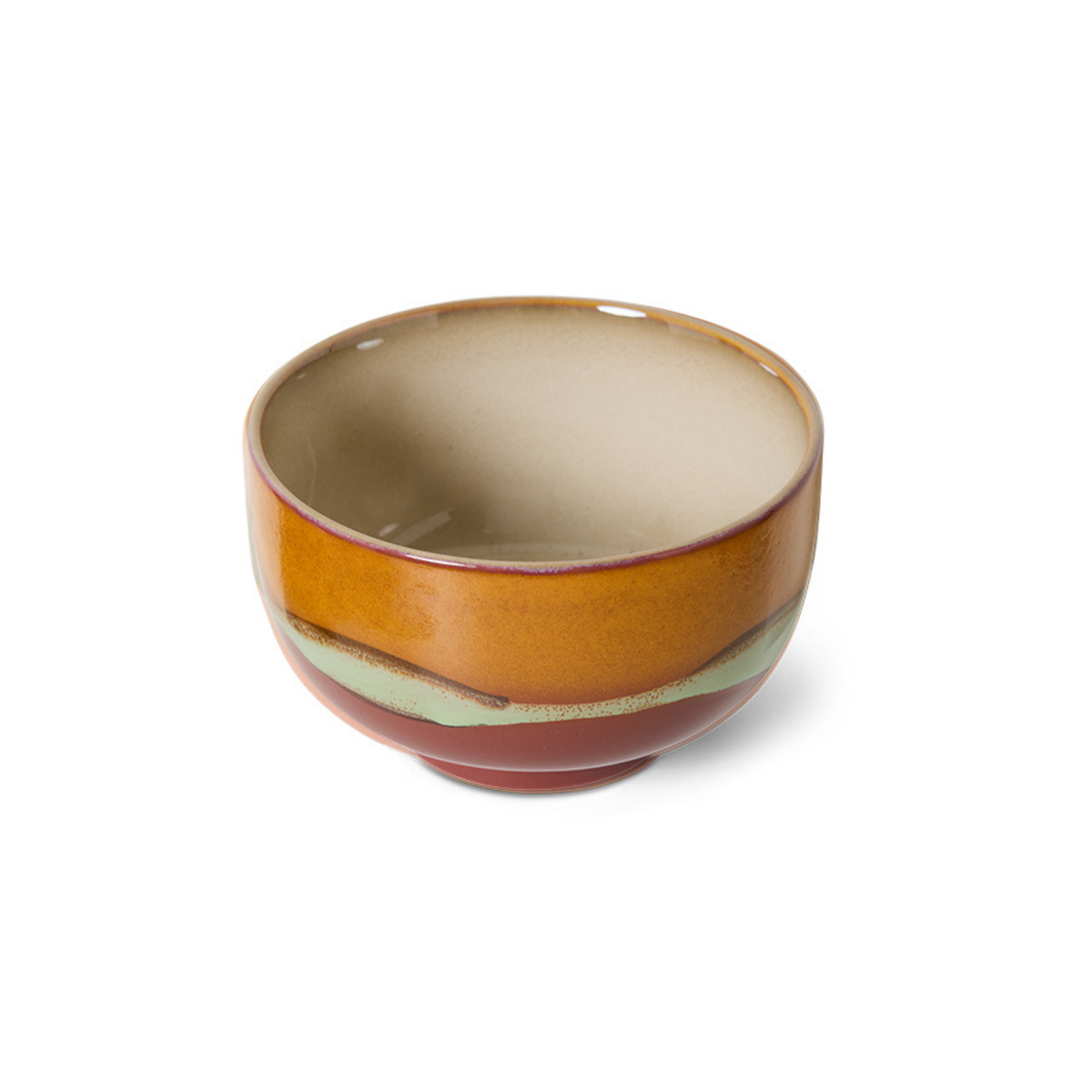 De HK Living 70s Ceramics Noodle Kom Clay D13 heeft een glanzende bruine en beige binnenkant en een buitenkant in de kleuren oranje, roestbruin en lichtgroen – ideaal voor noedels – afgebeeld op een effen witte achtergrond.