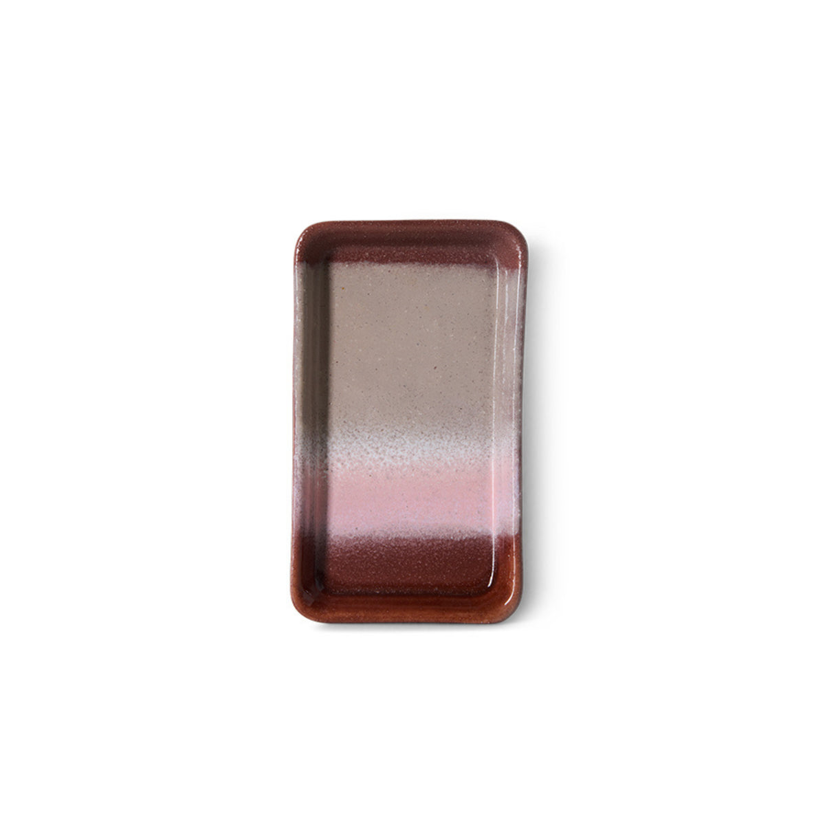 Het HK Living 70s Ceramics Serveerschaaltje XS Bloom is een rechthoekige keramiek schaal met afgeronde hoeken en een bruin, roze en taupe kleurverloop op wit - ideaal voor serveren in retrostijl.