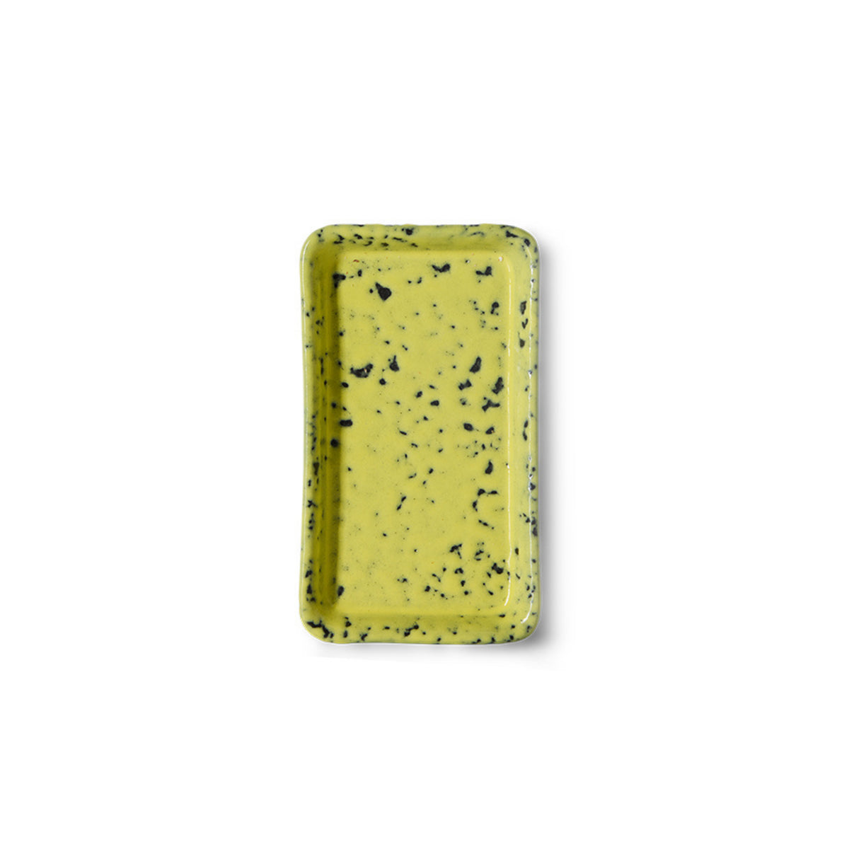 Het HK Living 70s Ceramics Serveerschaaltje XS Corn is een rechthoekig dienblad van keramiek met afgeronde hoeken, geel geglazuurd met donkerblauwe spikkels van HK Living, afgebeeld op een effen witte ondergrond.