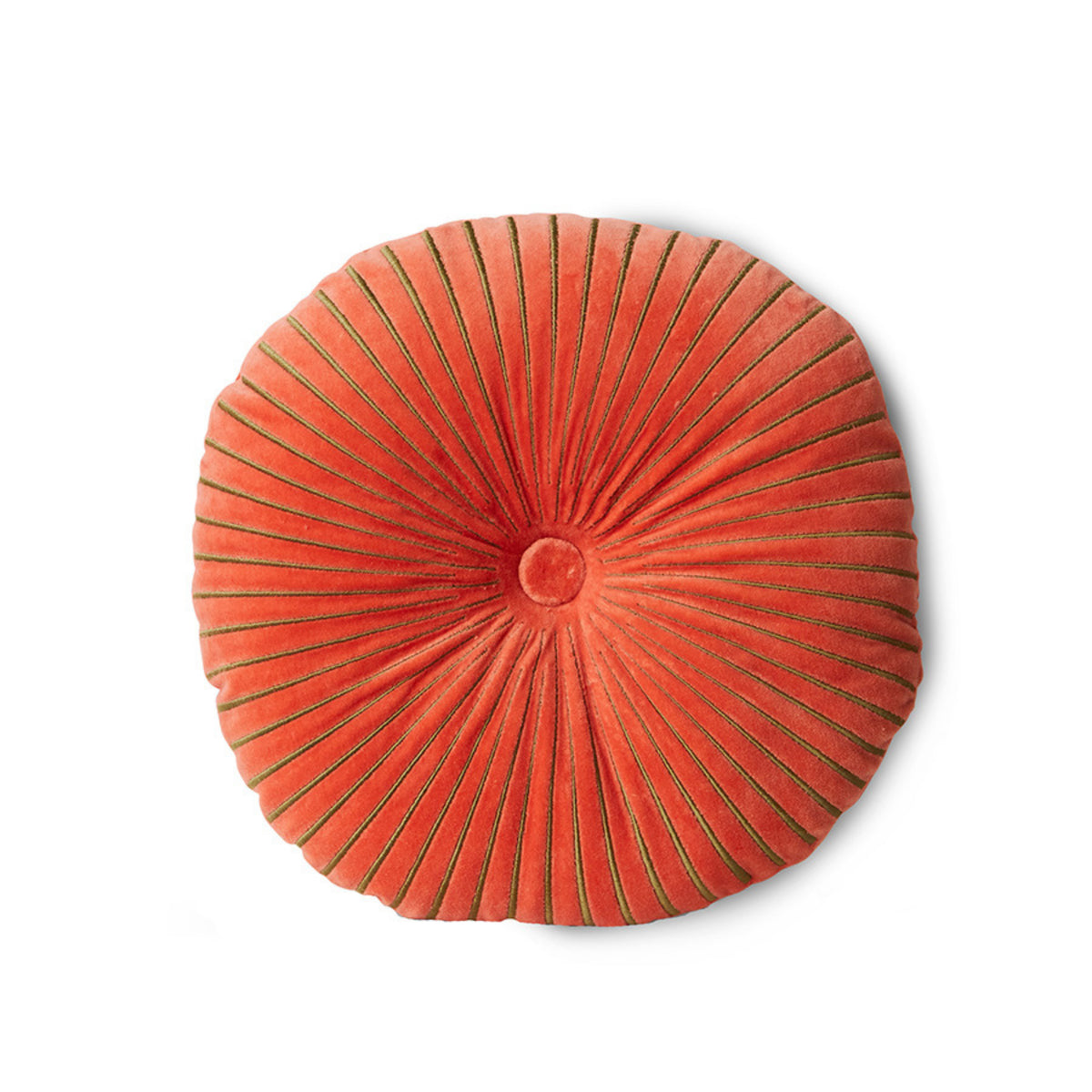 De HK Living Ripple Rond Kussen Sienna D50 is een rond, koraaloranje kussen met een centrale knoop en sunburst plooien, geïnspireerd op Sienna tinten. Weergegeven op een witte achtergrond.