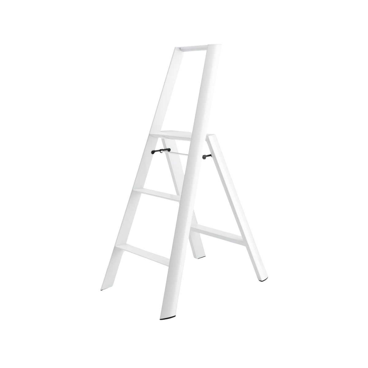 De Hasegawa Lucano Ladder 3 Step Wit van Hasegawa, een witte aluminium ladder met een minimalistisch Japans geïnspireerd ontwerp, wordt getoond op een witte achtergrond.