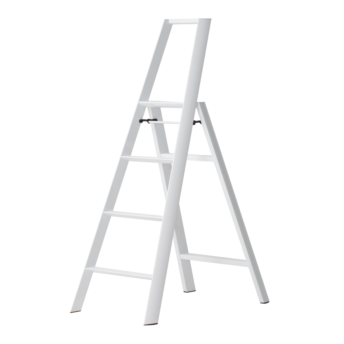 De Hasegawa Lucano Ladder 4 Step Wit van Hasegawa is een witte aluminium ladder met vier treden, slanke poten, een steunbalk in het midden en een minimalistisch ontwerp, open afgebeeld tegen een effen witte achtergrond.