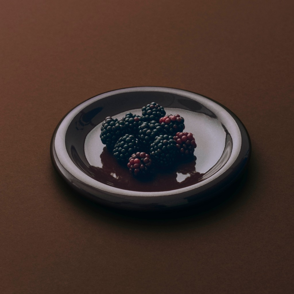 Een paar Hay Barro Borden Bordeaux D18 borden van Hay, met een tros bramen en onrijpe rode bessen, rust op een bruin oppervlak in een minimalistische en stemmige compositie.
