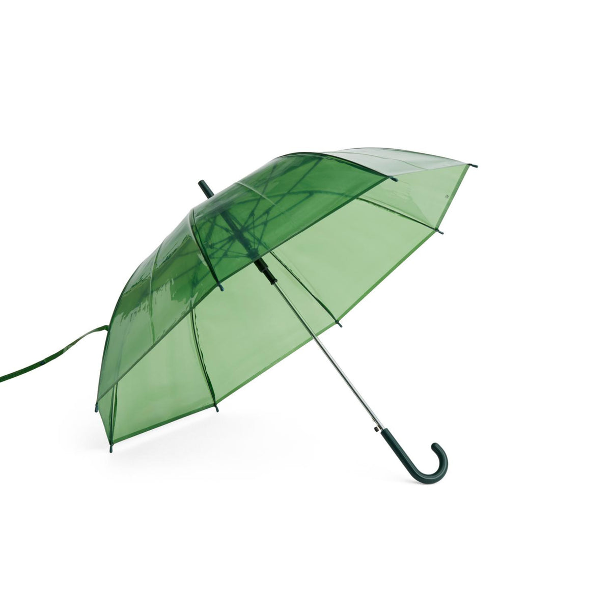 De Hay Canopy Paraplu Groen van Hay is een groene, transparante, duurzame paraplu met een gebogen handvat, open op een witte achtergrond. Hij heeft een waterafstotend scherm gemaakt van gerecycled materiaal.