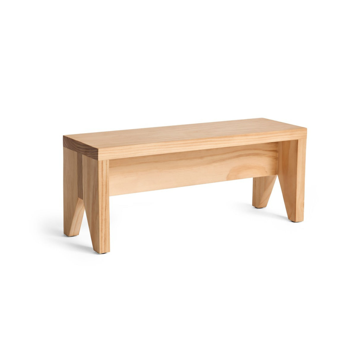 De Hay Manolito Kruk Bank Naturel Lang van Hay heeft strakke lijnen en stevige poten in een natuurlijke houten afwerking, afgebeeld tegen een effen witte achtergrond.