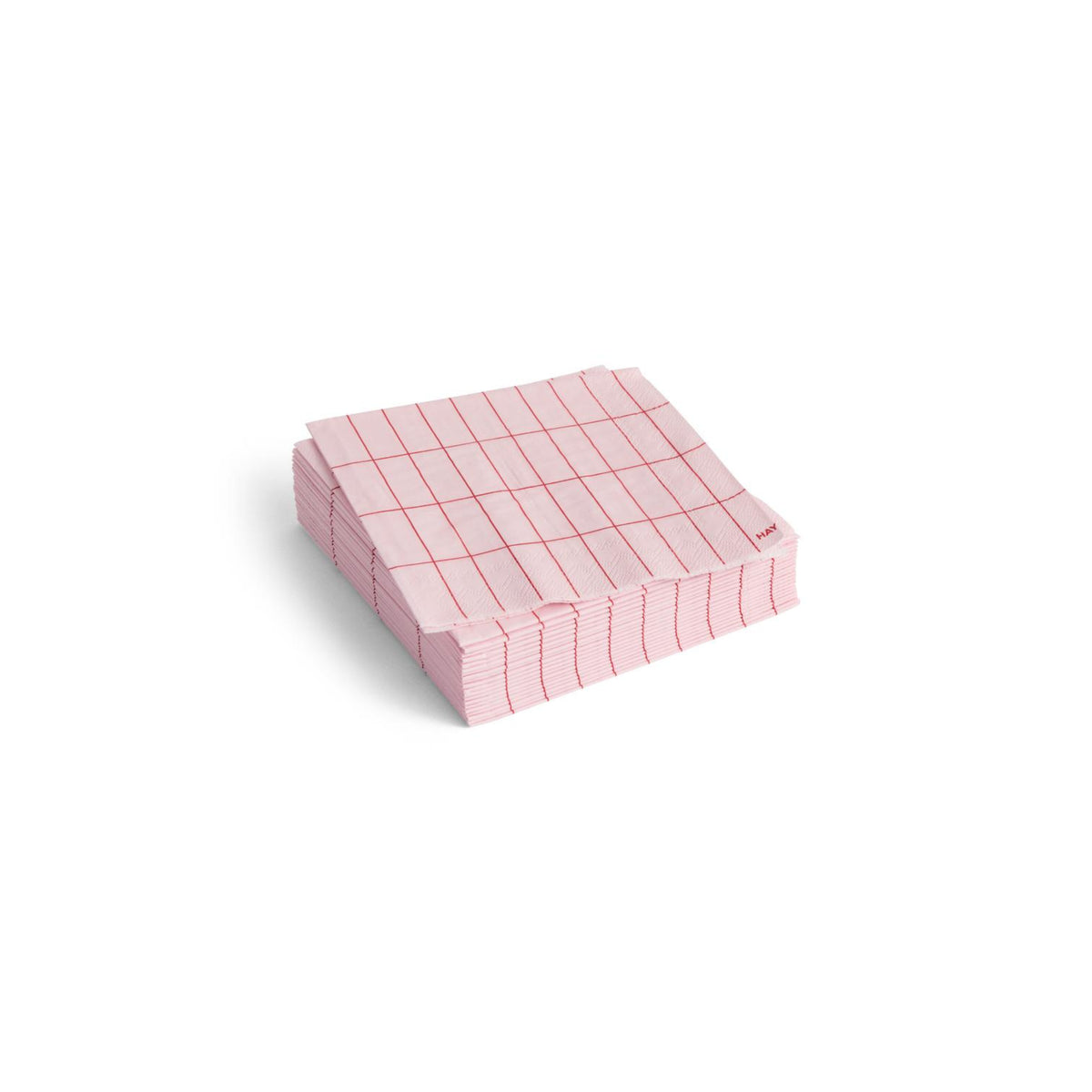 Een stapel Hay Pattern Papieren Servetten Lichtroze Rood Grid 25/25 van Hay, met een lichtroze-rood rasterdessin, is netjes gerangschikt op een witte achtergrond.