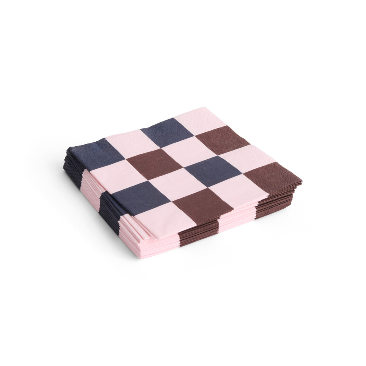 Een stapel Hay Pattern Papieren Servetten Roze Bordeaux Zwart 33/33 van het merk Hay, FSC-gecertificeerd en voorzien van een geruit patroon, ligt op een witte achtergrond.