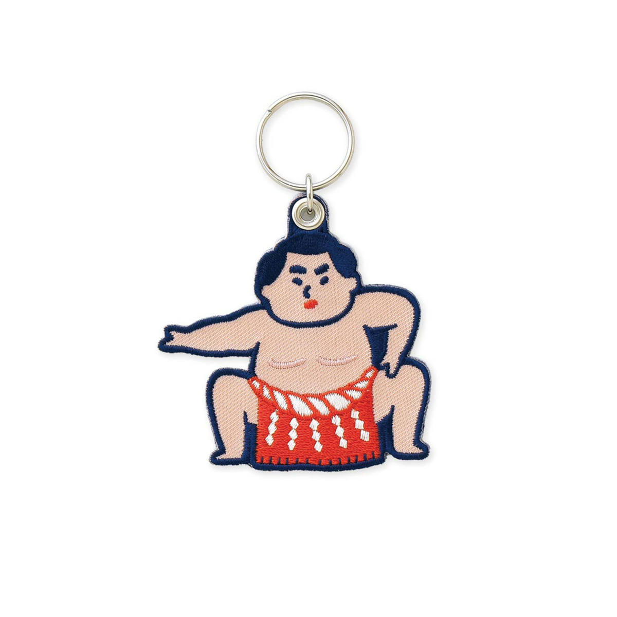 De Hightide Stitch Work Sleutelhanger Sumo Worstelaar van Hightide heeft een sumoworstelaar in een rode mawashi, gehurkt met één arm uitgestrekt en een expressief gezicht.