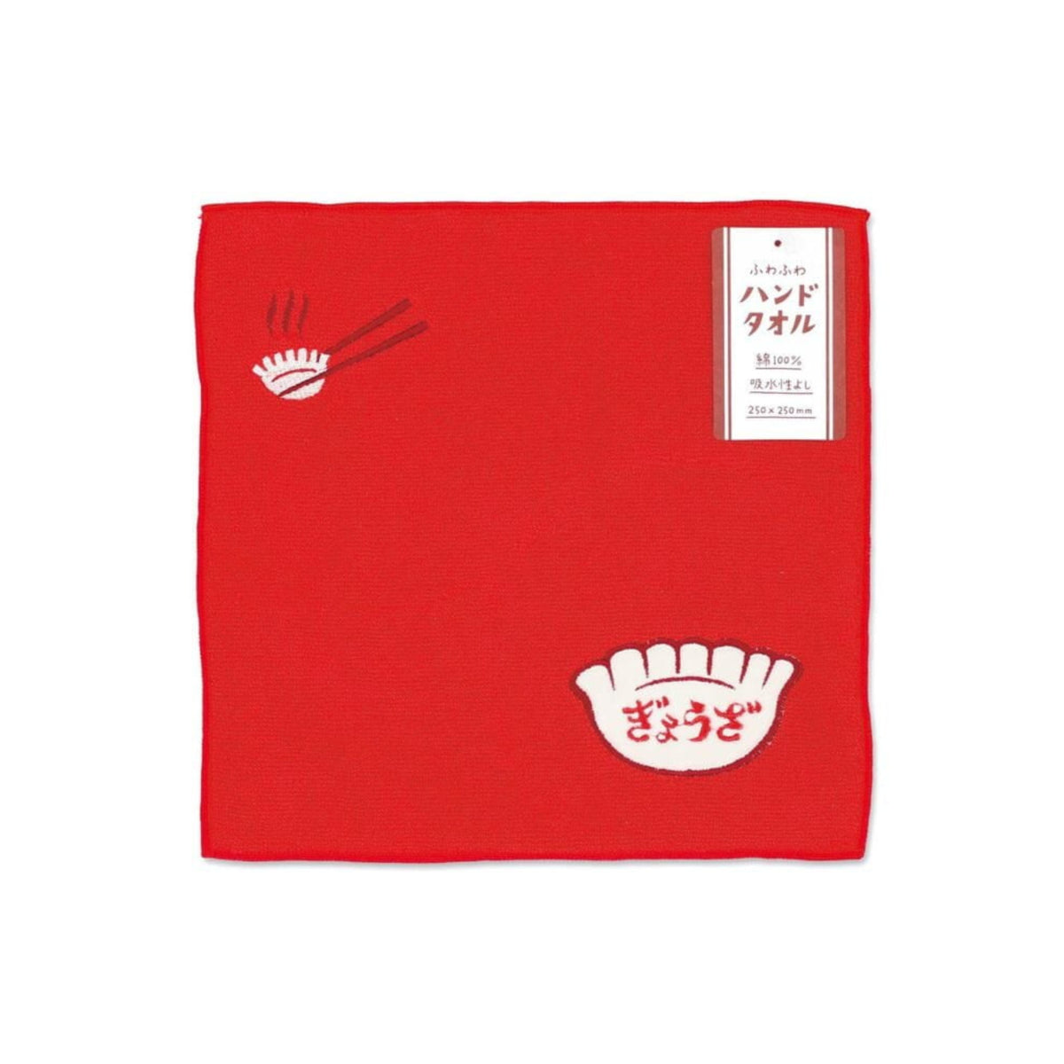 De Hightide New Retro Handdoek Rood 25/25 is een rode handdoek van zachte stof, met eetstokjes die een knoedel vasthouden linksboven, een witte knoedel met Japanse tekst rechtsonder, plus een label met Japans schrift. Merk: Hightide.