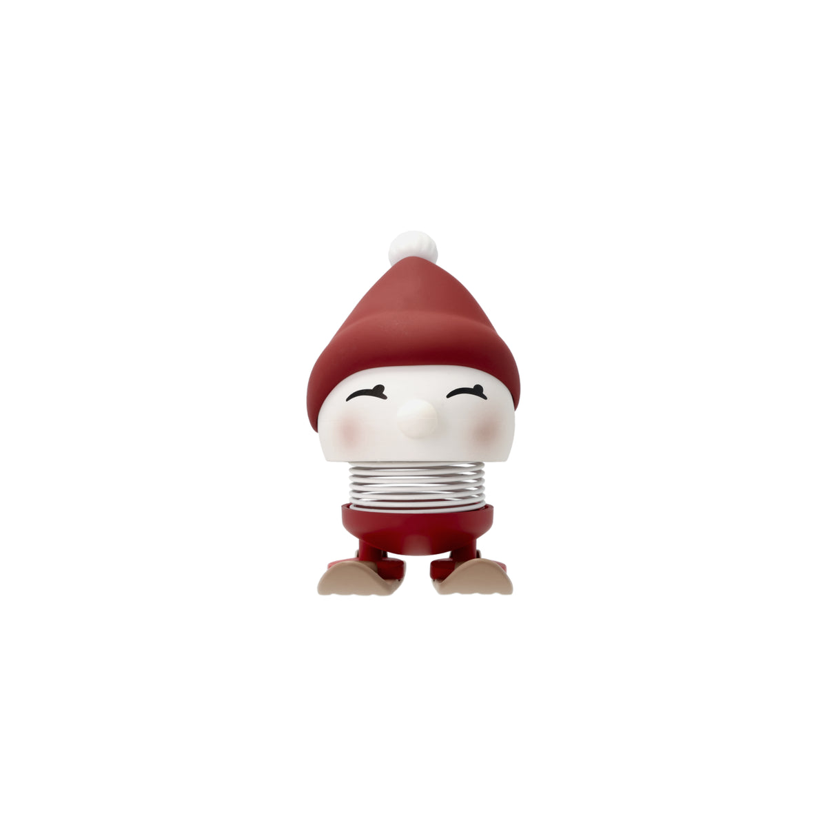 De Hoptimist Ski Bimble S Berry van Hoptimist is een klein, lachend beeldje met een rode muts, witte pompon en rode outfit. Het heeft veerkrachtige bewegingen en grote voeten - een origineel cadeau of een vrolijk winterdecor voor elke ruimte. Witte achtergrond.