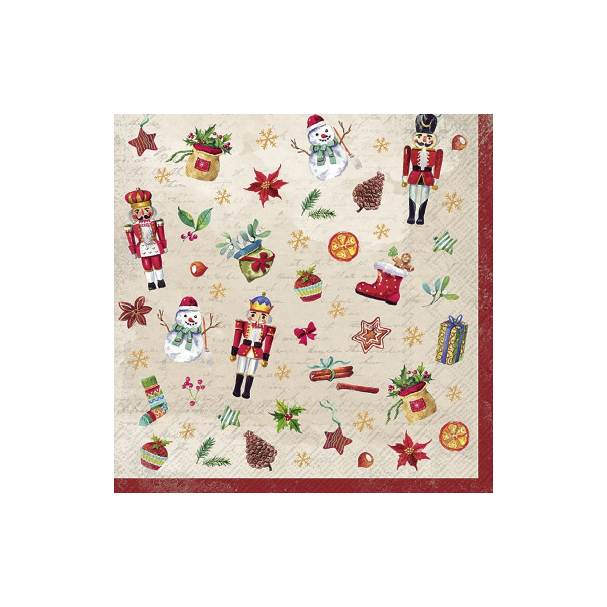De Ihr Papieren Servetten Festive Tradition 33/33 van Ihr is een feestelijke, milieuvriendelijke 3-laags servet met notenkrakers, sneeuwpoppen, cadeautjes, dennenappels, hulst, kousen en ornamenten op een lichte achtergrond met een rode rand.