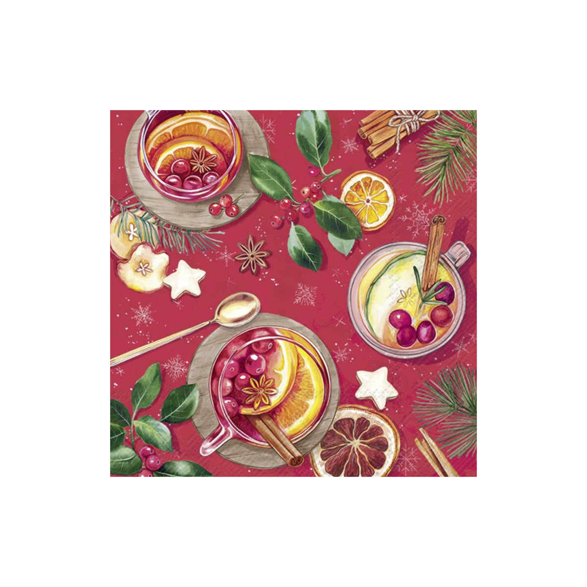 Een illustratie van feestelijke drankjes met sinaasappelschijfjes, veenbessen, kaneelstokjes, steranijs en groen voor de feestdagen op een rode achtergrond siert de Ihr Papieren Servetten Glühwein 33/33 van Ihr.