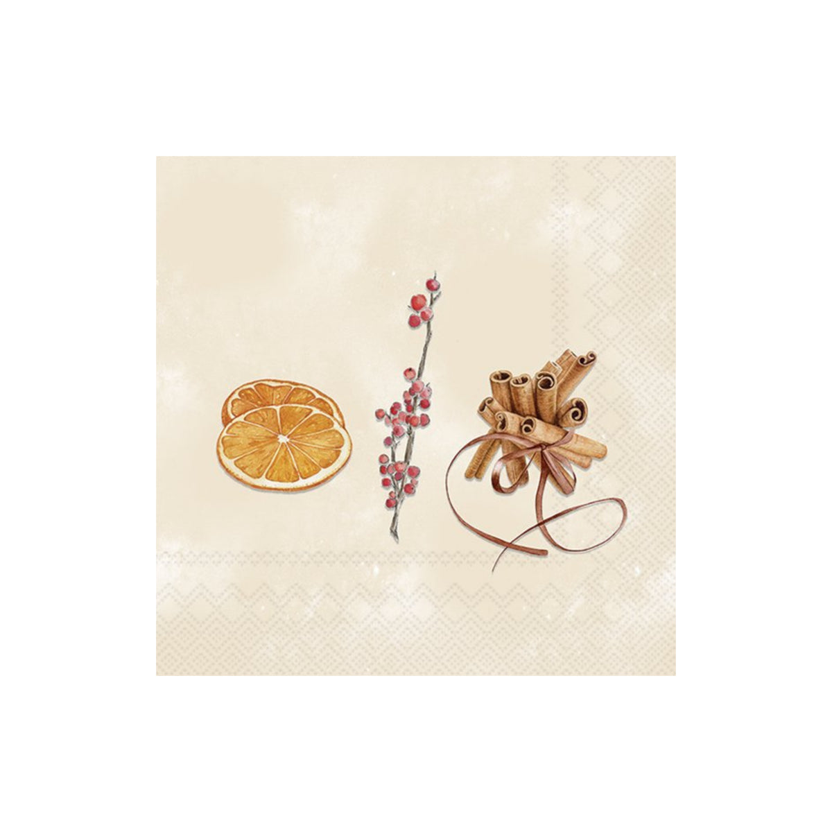 Illustratie van gedroogde sinaasappelschijfjes, rode bessen en kaneelstokjes op een achtergrond met lichte structuur - ideaal voor Ihr Papieren Servetten X-Mas Flavour 33/33 van Ihr, milieuvriendelijke servetten van 3-laags papier.