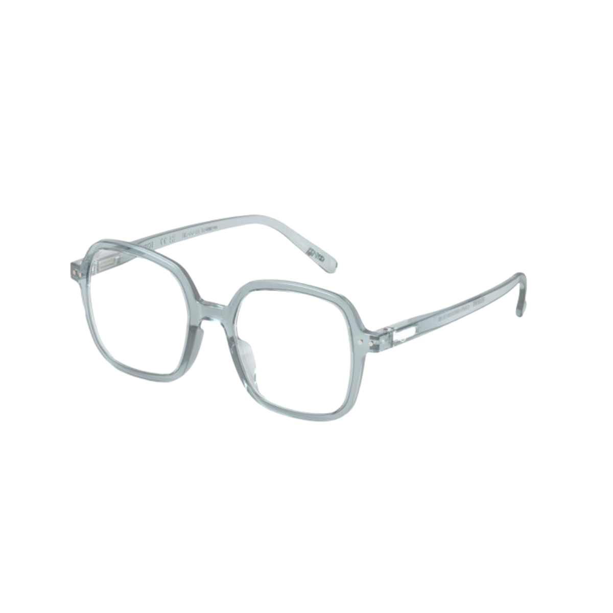 De Izipizi Leesbril Office Frozen Blue van Izipizi heeft een helder, oversized vierkant montuur met een blauwlichtfilter en gebogen pootjes voor stijlvol draagcomfort — de ideale leesbril, afgebeeld op een witte achtergrond.