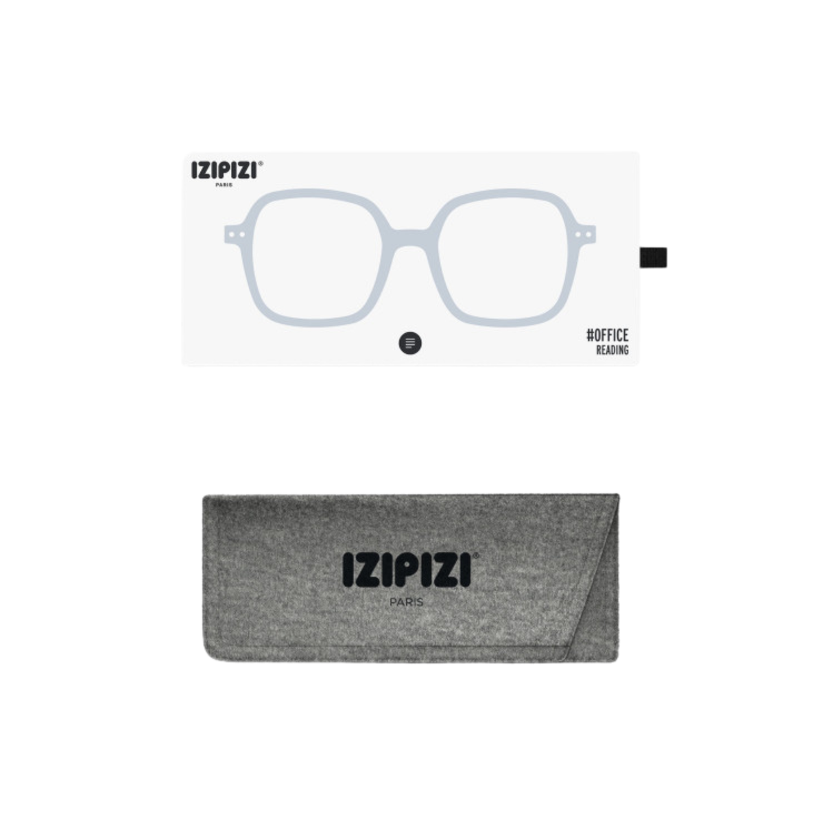 Onder een wit doosje met het opschrift „Izipizi Leesbril Office Frozen Blue“ ligt een grijs Izipizi-brilhoesje; dit is een leesbril met blauwlichtfilter van Izipizi, ontworpen om je ogen te beschermen.