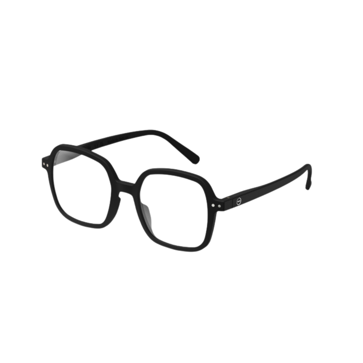 De Izipizi Leesbril Office Zwart van Izipizi heeft een zwart vierkant montuur, heldere glazen, rechte pootjes met decoratieve stippen bij de scharnieren en een optioneel blauwlichtfilter – ideaal voor een stijlvolle kantoorlook.