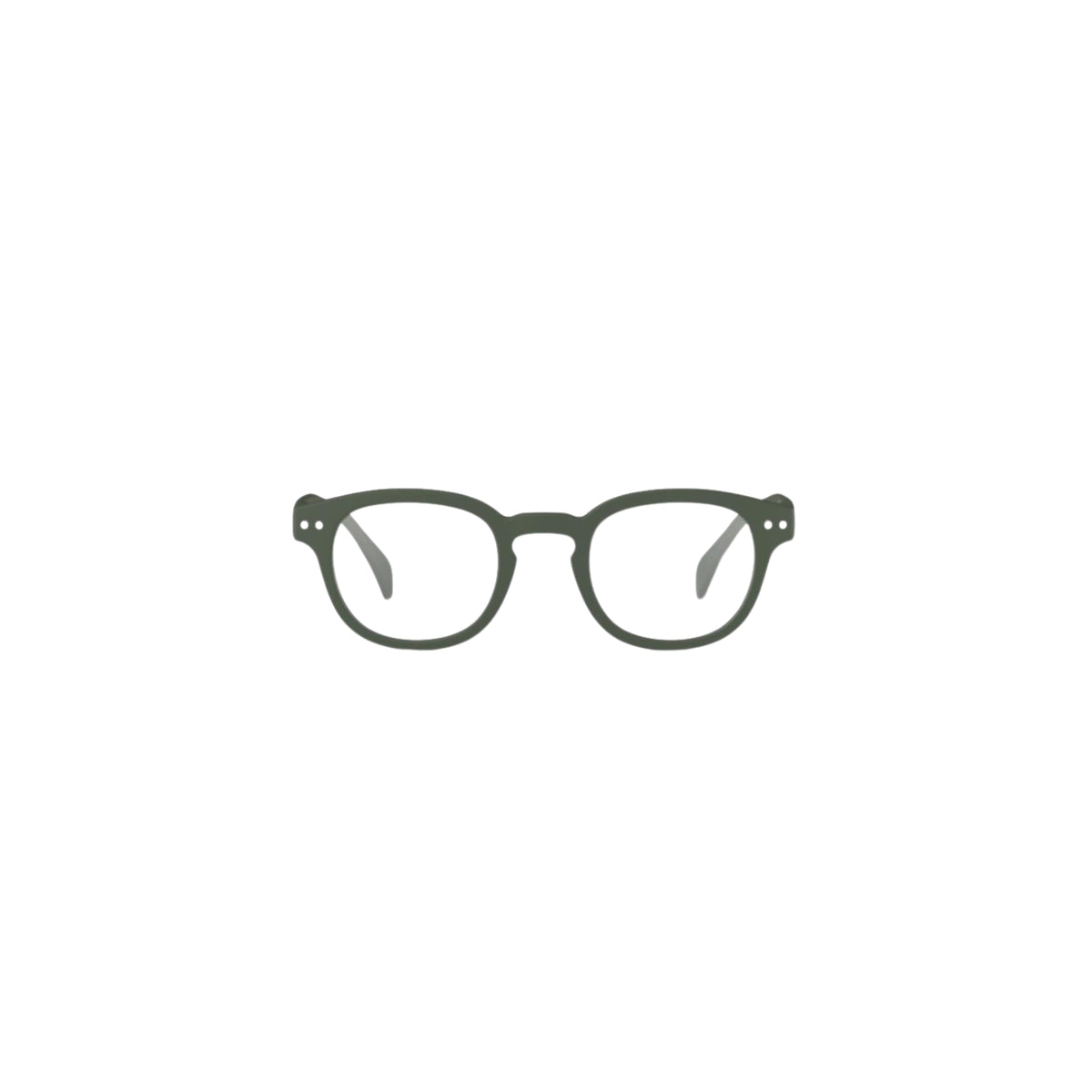 Minimalistische illustratie van Izipizi Leesbril #C Khaki bril van Izipizi, met ronde glazen en zwarte randen op een effen witte achtergrond.